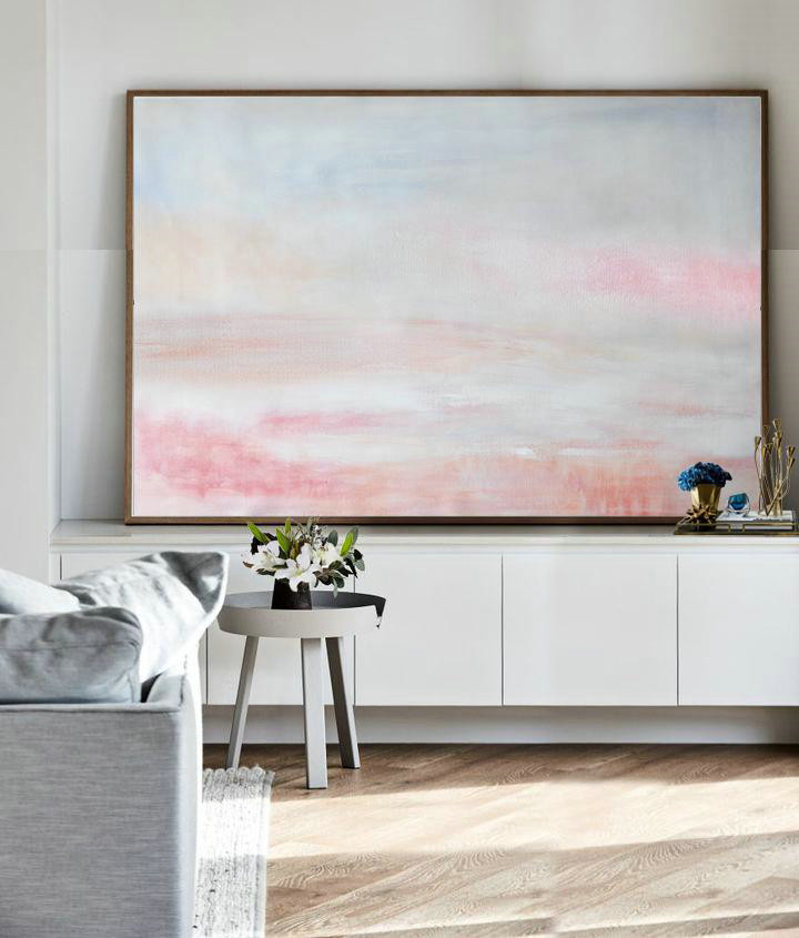 Handmade Painting Large Abstract Art,Oversized Horizontal Abstract Art,Original Art Acrylic Painting,Grey,Pink,White.etc